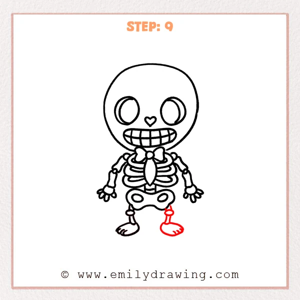 how to draw a cartoon skeleton - A full cartoon skeleton body with a skull, ribcage, bow tie, arms, pelvis, and now both legs with rounded, shoe-like feet.